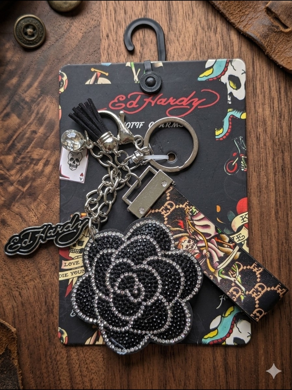 Ed Hardy Black & Silver Crystal Rose Keychain Charm with Logo Tag